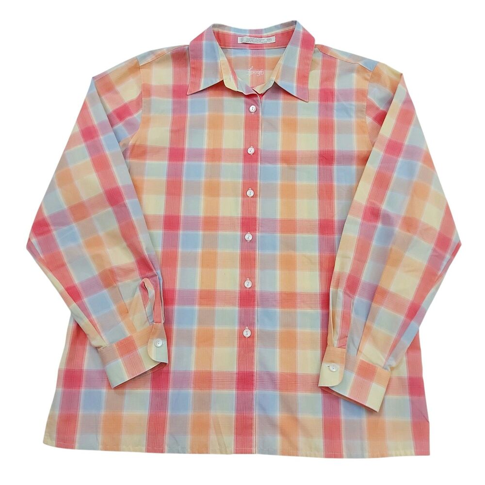 Foxcroft Shirt Womens 12 Petite Orange Plaid Long Sleeve Button Down Casual